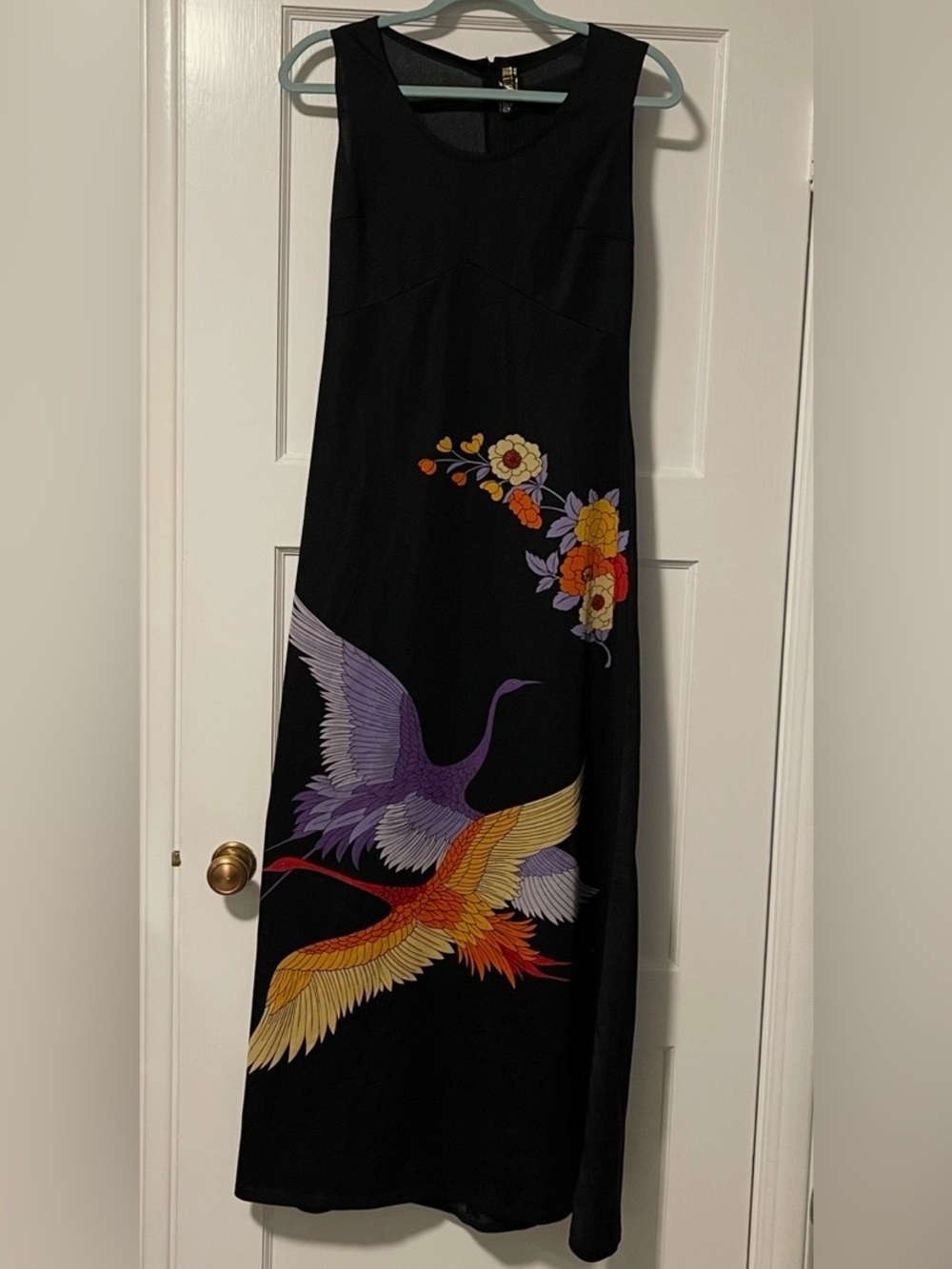 Étoile Black Long Maxi Sleeveless Lightweight Dress Flowers Birds Sm-Med  Vtg